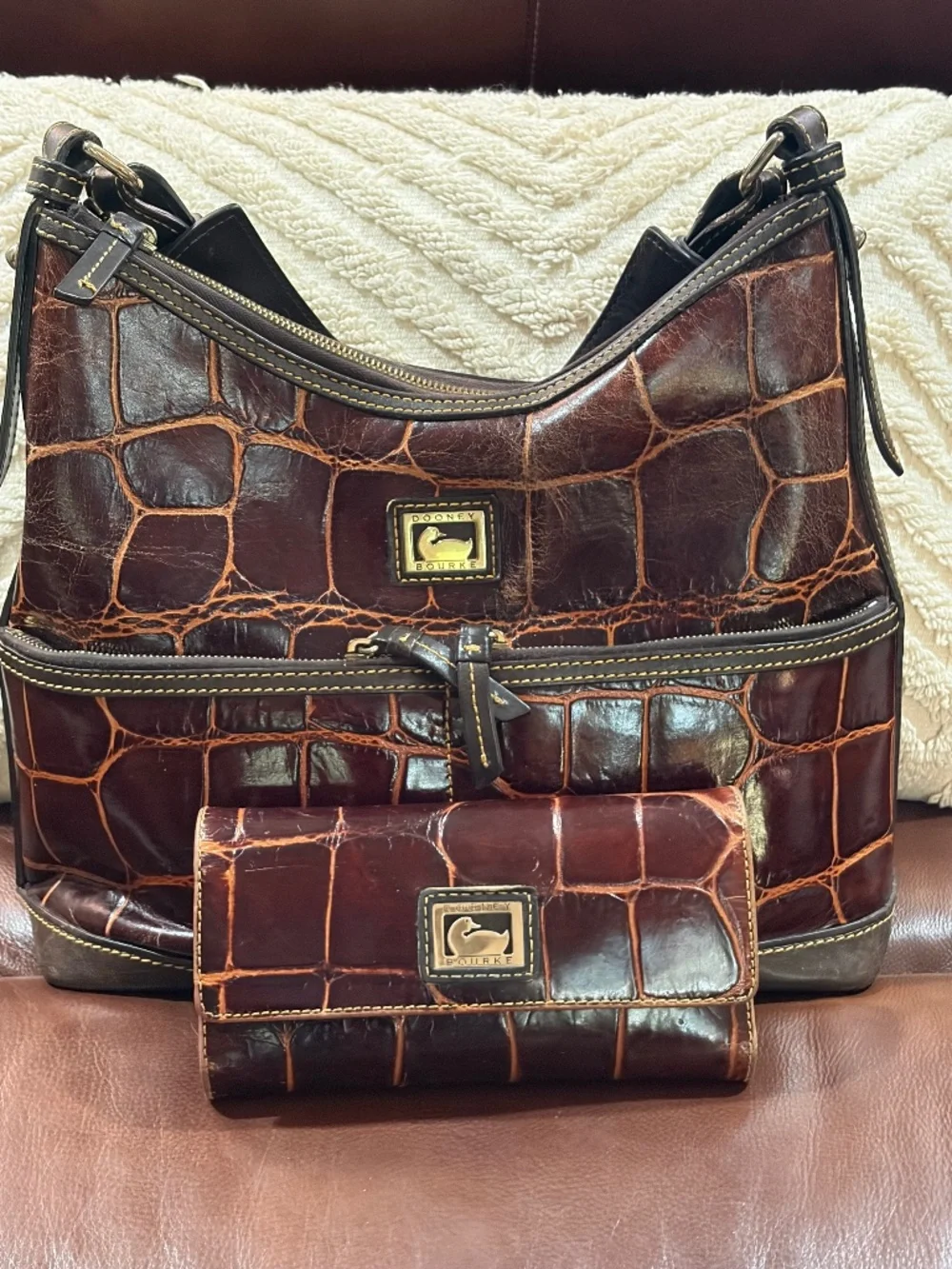 Dooney & Bourke: Handbag and Wallet: Cognac, Croc Embossed Leather Hobo Handbag